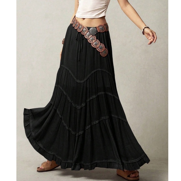 Plus Solid Stretchy Drawstring Waist Ruffle Hem Maxi Skirt - Picture 1 of 4